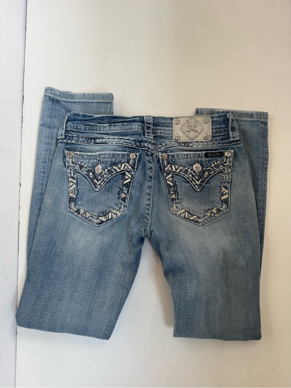 Miss Me Jeans Size 28 Straight Mid Rise Blue Embroidered Rhinestone